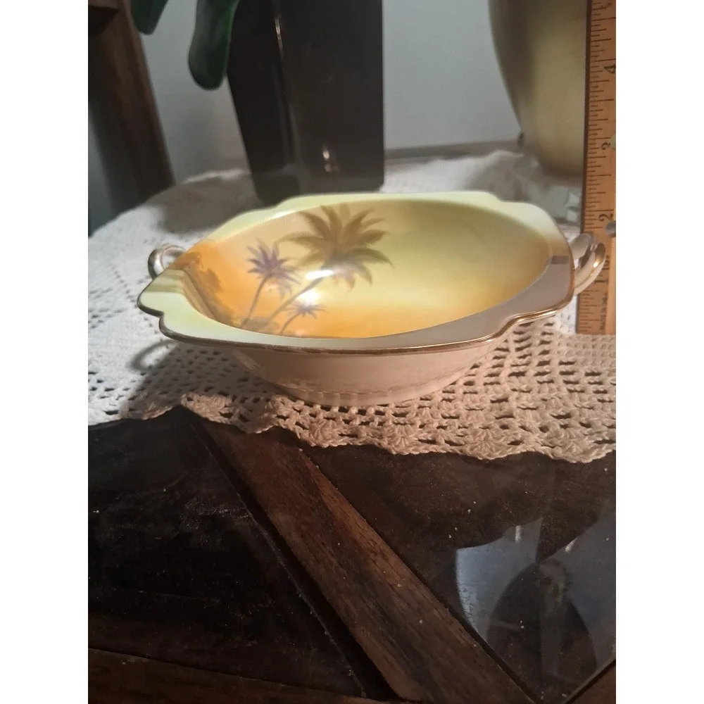 Noritake Vintage Hand Painted Porcelain Bowl Tropical Sunset Palm Tree Gold Trim